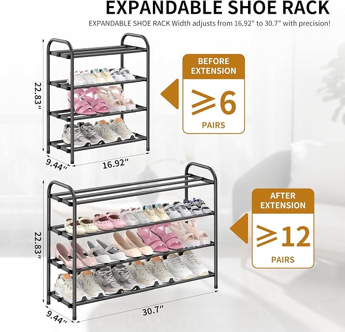 Hleelomi 4-Tier Metal Expandable Shoe Rack for Closet and Entryway, Black - Image 2