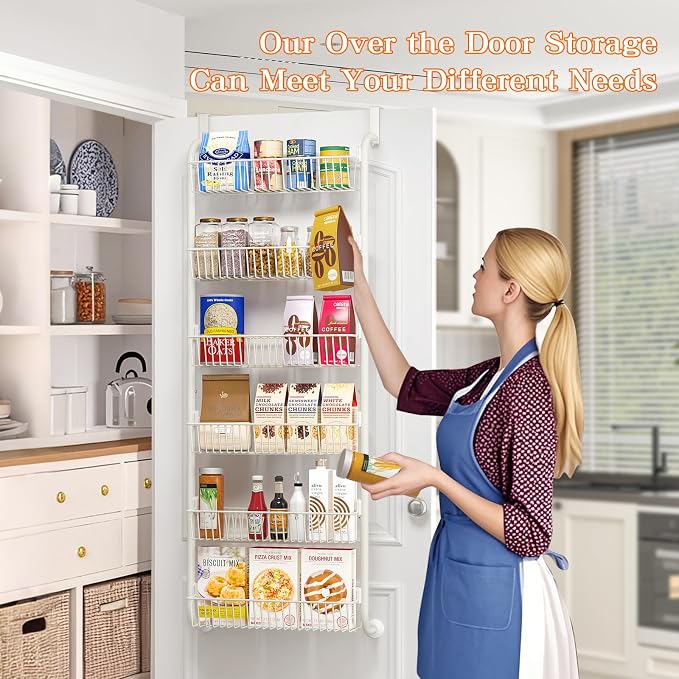 MIAOLI Over the Door Pantry Organizers and Storage, 6-Tier Spice Rack, Home & Kitchen Storage Shelves for Cabinet, Large Capacity Hanging Seasoning Organizer, Laundry Room Organization, White - Image 2