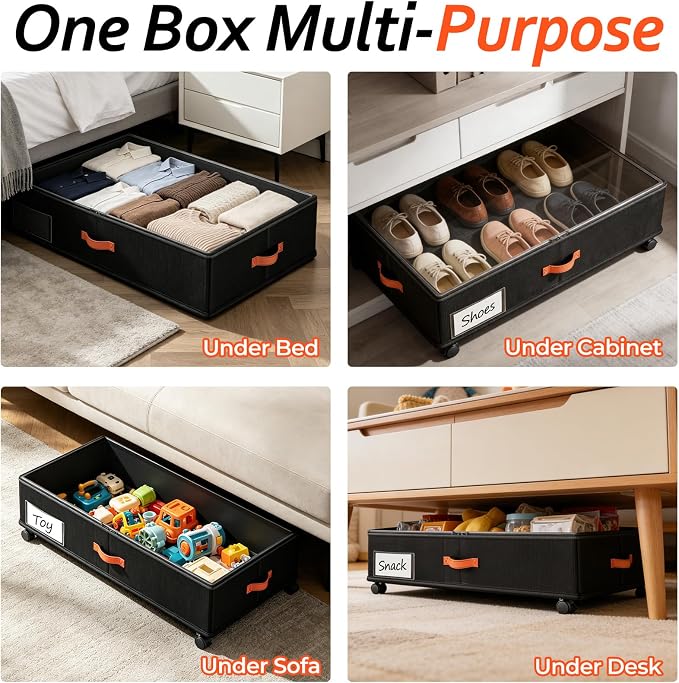 Under Bed Storage with Wheels 2-Pack, Under Bed Storage Containers 66L Clear Lids, Rolling Storage Drawers for Clothes Shoes Blankets, Underbed Organizer Bins(30" L x 16.2" W x 7.5" H) - Image 8