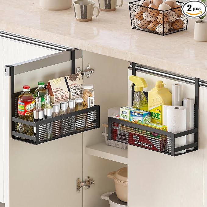 Hanging Kitchen Baskets Fine Mesh Wire Storage Basket Over Cabinet Door Organizer No Drilling Required for Kitchen Bathroom Office, 2 Smalls, Black by SHINEWON