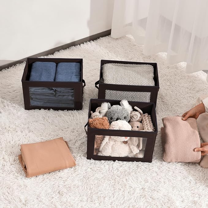 Homsorout Stackable Storage Bins with Lids - Medium Storage Box with Lids, Foldable Closet Boxes for Organizing, Wardrobe Clothes Organizer with Window, Cubes Bins for Living Room, 5 Pack, Brown - Image 5