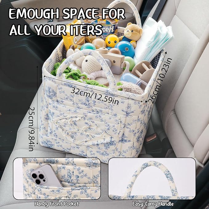 Quilted Fabric Car Storage Basket with Handles & Pocket, Foldable Laundry Hamper Boho Floral Print Organizer Bin for Home, Picnic, Office Nursery Cloth Toy 12"x10"x10" (Style F) - Image 2