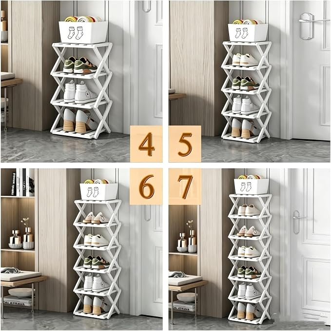 6 Tier Foldable Shoe Rack, Bamboo Vertical Shoe Organizer Tall for Multifunctional Narrow Shoe Shelf for Entryway, Closet, Corner, Bedroom, Hallway(White) - Image 6
