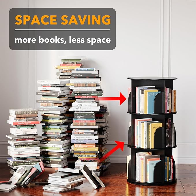 SpaceAid 3 Tier Rotating Bookshelf Tower, Spinning Bookcase Lazy Susan, Revolving 360 Book Shelf Storage Round Carousel, Vertical Rotate Turning Spiral Corner Organizer, Black - Image 3