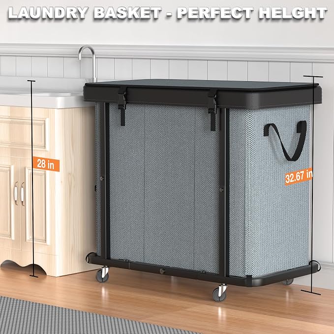 Laundry Basket with Wheels, 230L(60Gal) Laundry Sorter 3 Section - Gray - Image 5