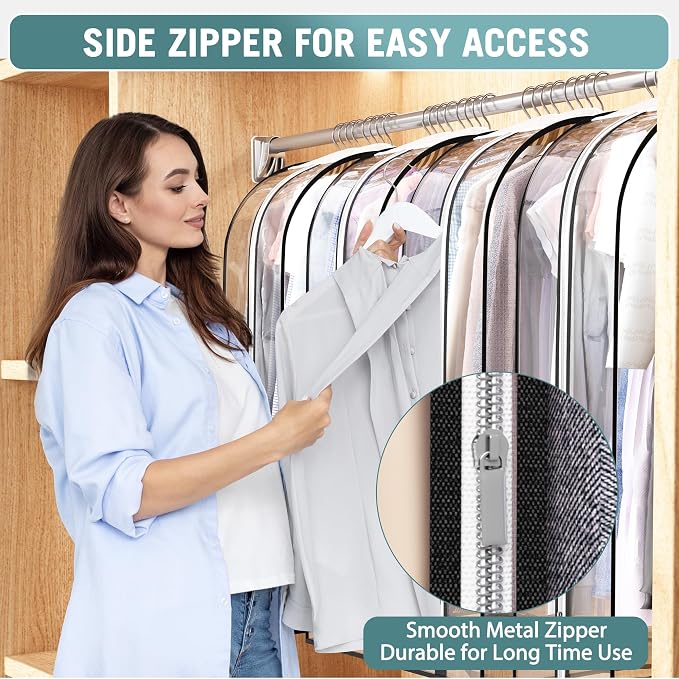 Liuoud Clear Garment Bags for Hanging Clothes 10” Gusseted, 4 Pack, 60” | Suit Bags for Closet Storage with Large Metal Zipper, Breathable odorless Hanging Plastic Clothes Cover for Coat Dress Fur - Image 3
