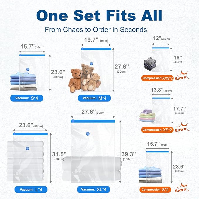 HOUSE DAY 22 Pack Vacuum Seal Bags For Clothing Travel, Vacuum Bags With Electric Pump, Vacuum Sealer Bag for Clothes, Comforters, Blankets, Pillows, Moving (4XL/4L/4M/4S/2S Roll/2XS Roll/2XXS Roll) - Image 9