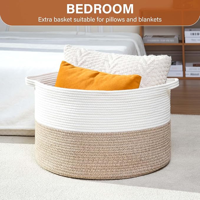 Foldable Laundry Hamper Basket with Collapsible Handle Cotton Rope Soft Woven Fabric Storage Organizer Clothes Toys Nursery Bedroom Dorm Space Saving Bin (White & Brown, 80L(21.7"D x 13.8"H)) - Image 4