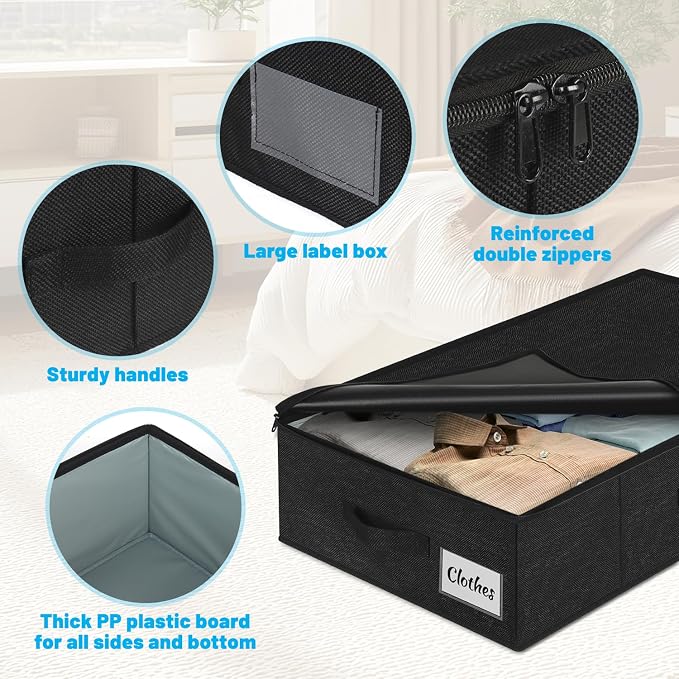 Under Bed Storage Container Bins 4 Pack, 5 Inch Thin Low Profile Underbed Clothes Storage Organizer for Dorm & Home, Use for Blanket and Toy Storage Box W/ Sturdy Bottom/Sides, Foldable Thick Fabric - Image 7