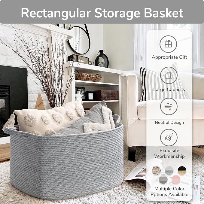 Goodpick Large Woven Rope Blanket Basket, Rectangle, Gray, 75L - Image 7
