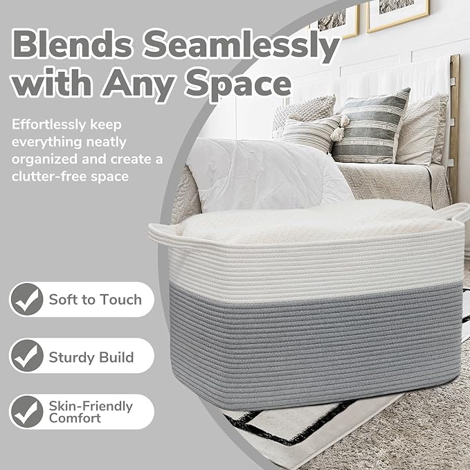 Goodpick 85L Large Woven Rope Blanket Basket, Rectangle, White Gray - Image 5