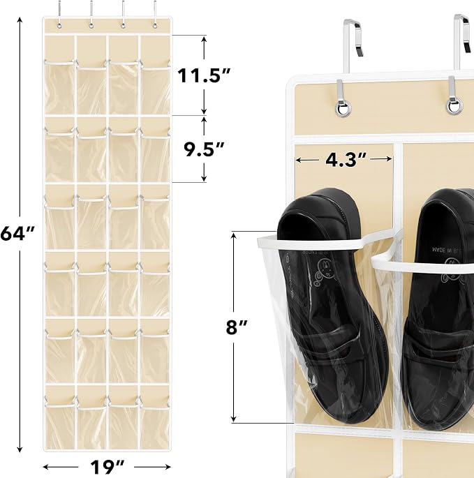 Simple Houseware 24 Pockets Clear Over the Door Shoe Organizer, Beige | 64" x 19", 4 Durable Metal Hooks, 4.3" x 9.5" Pocket Size, Multipurpose - Image 2