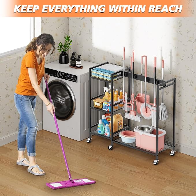 Broom and Mop Holder, MUNNAR Broom Closet Storage Cabinet with Cleaning Supplies Organizer, 2-in-1 Broom Mop and Cleaning Supplies Storage Cleaning Cart, Cleaning Cart with Wheels for Housekeeping - Image 7