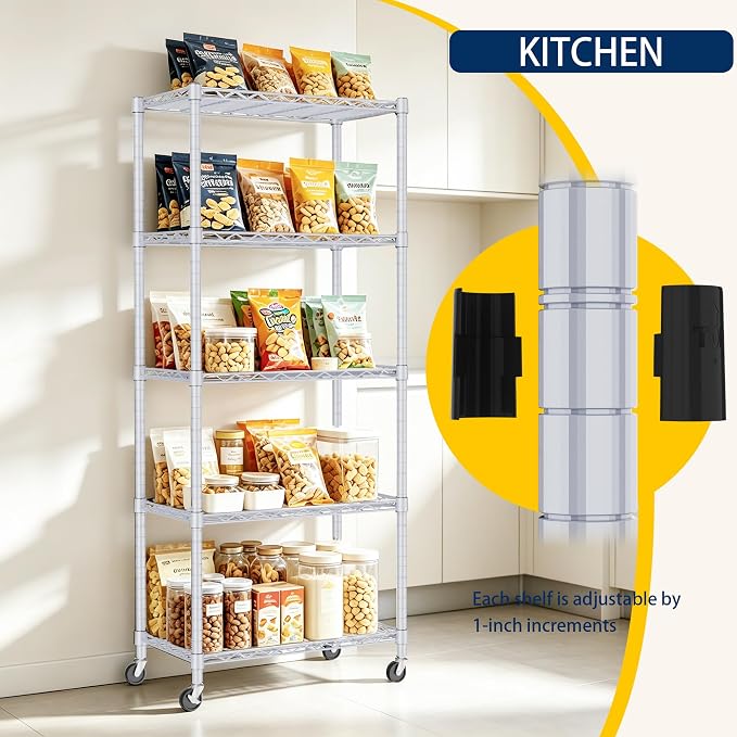 REGILLER 5-Wire Shelving Metal Storage Rack Adjustable Shelves,Standing Storage Shelf Units for Laundry Bathroom Kitchen Pantry Closet(Silver,11.8" D x 21.2" W x 55" H,With Wheels) - Image 5