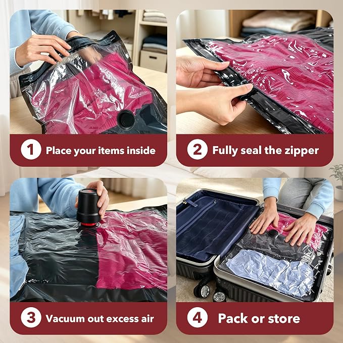 MEIQIHOME 20 Pack PackEase Travel Vacuum Bags 1800mAh Wireless Pump, 80% Compression Space Saver for Luggage, Clear PA+PE Reusable Seal Bags for Clothes, Portable Electric Air Pump for Travel & Home - Image 8