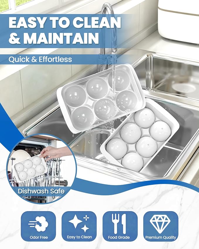 Large Ice Cube Tray for Freezer - 2 Pack Stackable Round Ice Cube Molds Set, Easy to Fill & Release with Storage Bin and Tongs for Kitchen, Party, Cocktail & Coffee, Gifts for Whiskey Lover (1.93In) - Image 5