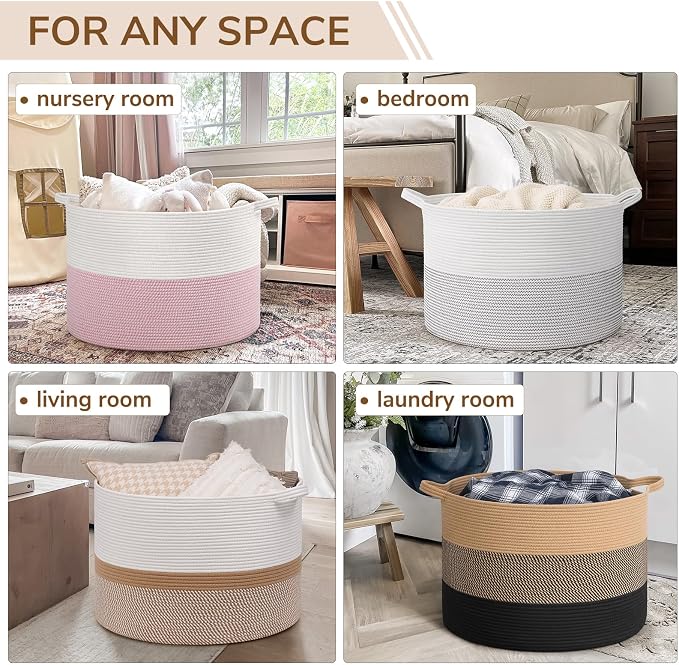 INDRESSME 115L Extra Large Woven Rope Blanket Basket Living Room WhiteCamel - Image 4