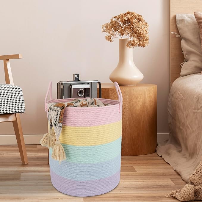 XUANGUO Rope Laundry Basket Hamper for Kids Girl, rainbow - Image 5