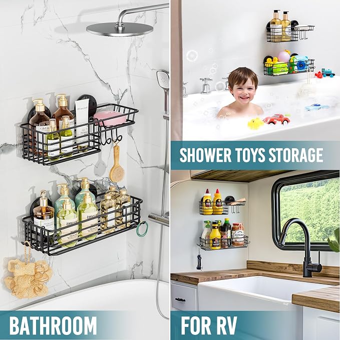 TAILI Shower Caddy Suction Cup 2 Pack with Hooks & Soap holder, Black - Image 6