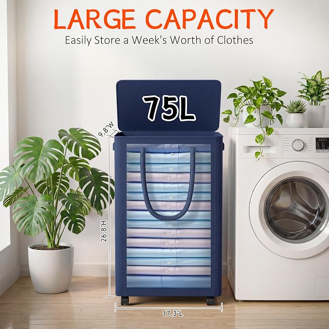 Slim Laundry Hamper with Wheels,20 Gal (75L) Rolling Laundry Basket with lid and wheels Clothes Hamper Foldable Tall Dirty Clothes Basket Sturdy Collapsible Clothes Hamper for Dorm,Laundry Room - Image 2