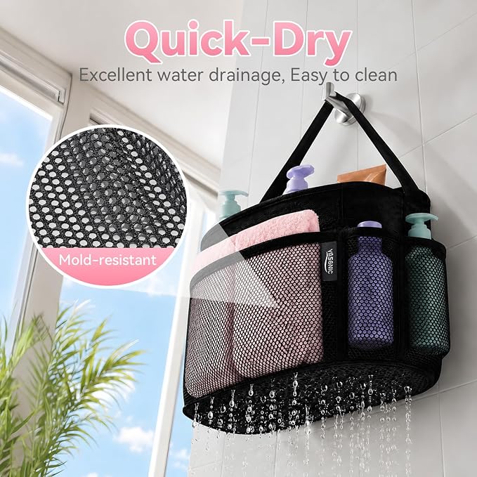 YASONIC Mesh Shower Caddy Portable for Dorm College Room Essentials, 8-Pocket Large Shower Bag with Single Handles, Hanging Shower Basket for Beach, Swimming, Bathroom, Beach, Black - Image 3