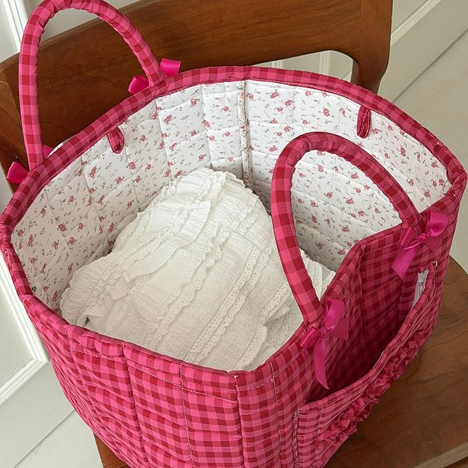 Storage Basket Boho Fabric Large Collapsible Floral Laundry Nursery Hamper Portable Folding Storage for Clothes Toys (Rose Red Plaid) - Image 5