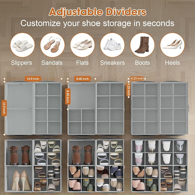 4 Pack Shoe Organizer for Closet,Foldable Shoe Storage Organizer with Adjustable Dividers, Shoe Storage Box with Clear Cover, Fits up to 32 Pairs, Gray - Image 2