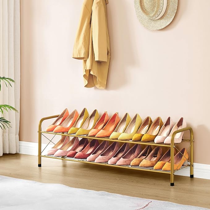 Hoctieon 2 Tier Shoe Rack for Closet, Durable Mesh Style Shoe Rack, Entryway Shoe Shelf, Shoe Storage Organizer for Hallway, Bedroom, Living Room, Wardrobe, Gold - Image 2