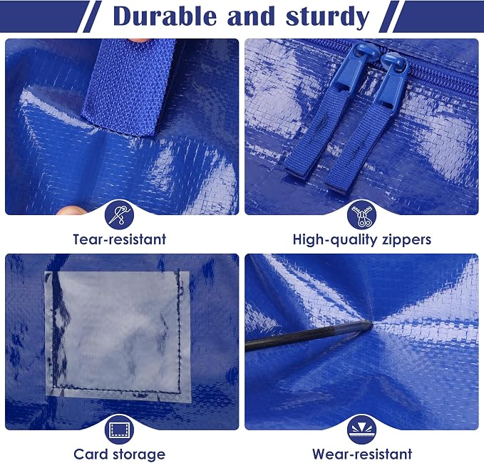6 Pack Moving Bags with Full-Open Side Zipper, Extra Large 93L Heavy Duty Waterproof Foldable Storage Totes for College Dorm, Moving & Home Organization,Blue - Image 5