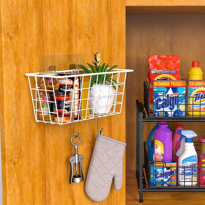 MaraFansie Wall Wire Baskets Adhesive Basket Hanging Kitchen Baskets No Drilling for Cabinet & Pantry Organization and Kitchen, Bathroom, Bedroom Storage, 4 Pack, White - Image 4
