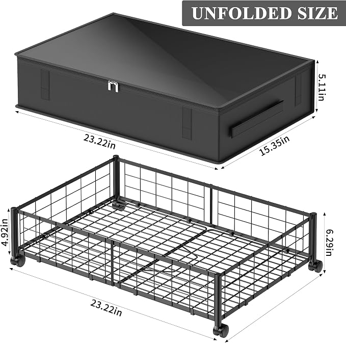 Hleelomi Under Bed Storage with Wheels and Storage Bag, 360° Rolling Under Bed Metal Drawers for Clothes, Blankets, Books and Shoes,Black， 2pack - Image 2