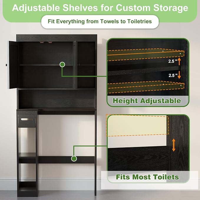 Over The Toilet Storage Cabinet with 7 Shelves, Imitation Walnut Grain Above Toilet Bathroom Organizer with Toilet Paper Holder Stand, Space Saver for Restroom, Laundry, Bathroom (Black) - Image 9