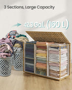 SONGMICS Laundry Hamper with Lid, 160L 3-Section Wicker Basket, 6 Mesh Bags - Image 4