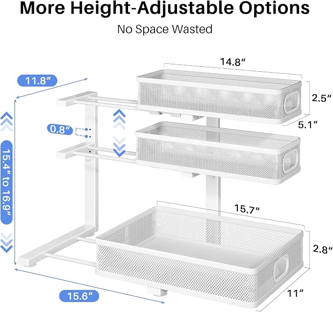 Under Sink Organizer, 3-Tier Thickened Metal Pull out Cabinet Organizer Shelf, Height Adjustable Slide out Storage Drawer Rack for Kitchen Bathroom Pantry Laundry Home Organization, 1-Pack, White - Image 8