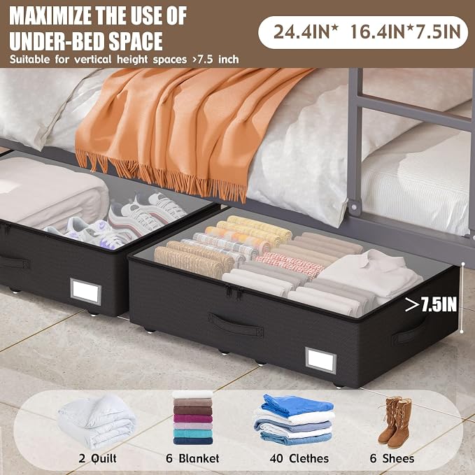 EE-RoomWorld Underbed Storage Bins with Wheels, No Assembly Required - 7.5 inch height Black Large Capacity Rolling Underbed Containers for Shoes, Dorm under bed storage drawers - Image 2