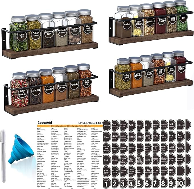 SpaceAid Spice Rack with 24 Spice Jars, 386 Spice Labels, Chalk Marker and Funnel, Wood Hanging Seasoning Shelf for Cabinet Door or Wall Mount (4 Pack) by SpaceAid