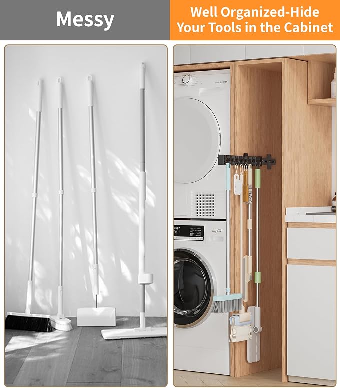 Pull Out Broom Holder With 8 Adjustable Row Sliding Hook - Black 14.17inch - Image 3