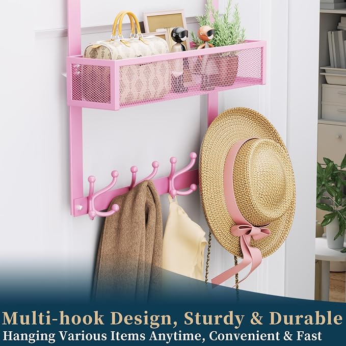 Consumest Over The Door Hooks Organizer - 2 Tier Over Door Hanger with 16 Hooks & 2 Baskets for Hanging Coat, Clothing, Towel, Back Storage for Bathroom, Closet, College Dorm, Pink - Image 5