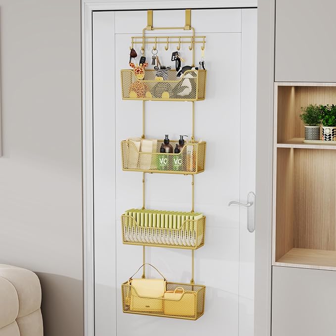 HapiRm Over The Door Organizer - Hanging Door Organizer with 4 Metal Large Capacity Baskets and Adjustable Coat Hook for Bathroom Bedroom Kitchen Pantry Closet Cabinet - Image 7