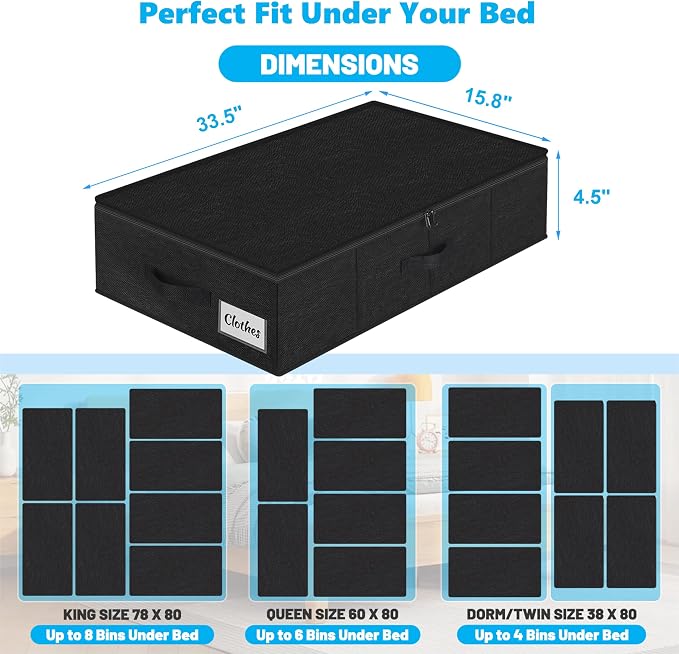 Under Bed Storage Container Bin 4 Pack, 4.5 Inch Slim Low Profile Underbed Clothes Storage Organizer for Dorm & Home, Use for Blanket and Toy Storage Box W/ Sturdy Bottom/Sides, Foldable Thick Fabric - Image 4