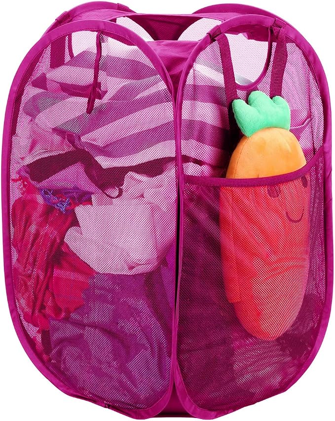HOUSE AGAIN Strong Mesh Pop Up Laundry Hamper, 70L Collapsible Laundry Basket with Steel Frame, Double‑Stitched Handles & Side Pocket, Foldable Dirty Clothes Hamper for Dorm, Bedroom, Pink by HOUSEAGAIN