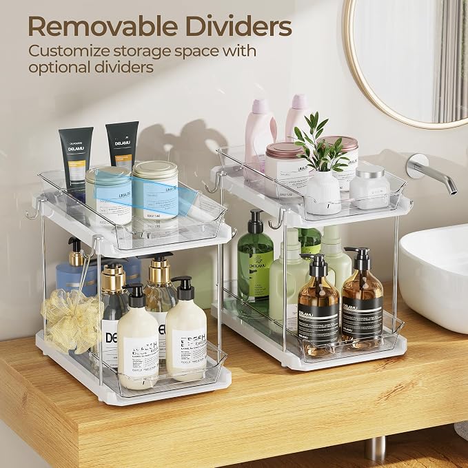 Delamu 2 Tier Under Sink Organizer Bathroom, Bathroom Cabinet Organizer with Snap-Lock Design and Hooks, Pull Out Storage with Movable Dividers, for Countertop, Kitchen and Pantry (White, 4 Pack) - Image 4