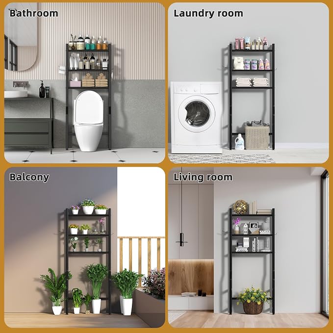 Livilord 3 Tier Over The Toilet Storage Rack with Toilet Paper Holder, Metal Freestanding Bathroom Shelves with 4 Hooks, Over Toilet Storage Shelf for Bathroom Storage, Black - Image 8
