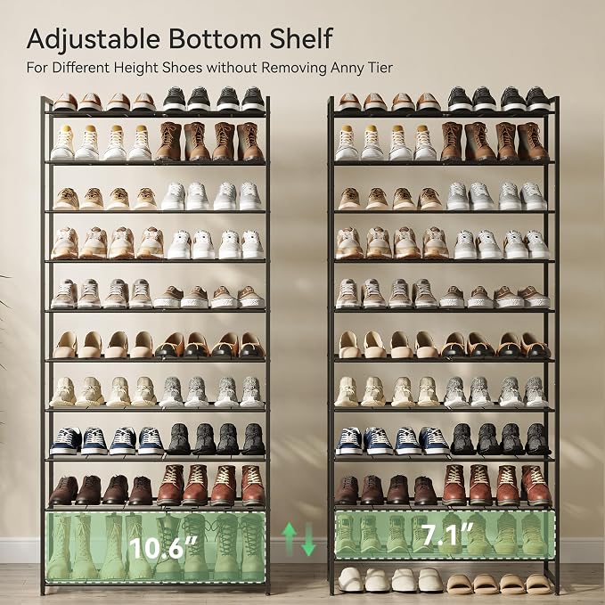 Nunsino Shoe Rack for Closet, Metal Shoe Organizer, 10 Tier Garage Shoe Rack Max Holds 50 Pairs,Shoe Storage Shelf,Entryway, Black - Image 4