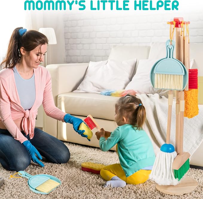 Kids Cleaning Set, 8 Pcs Wooden Housekeeping Play Toy Broom Mop Set - Image 5
