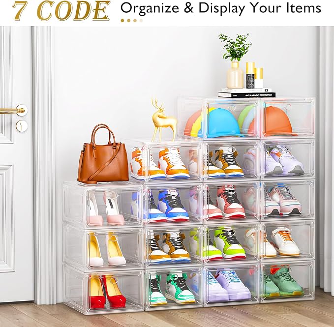 Large Thick Clear Shoe Organizer, Magnetic Door Stackable Shoe Storage Box | Foldable Shoe Storage Boxes for Sneakers & Boots, Space-Saving Closet Shoe Cabinet with Clear Magnetic Door, 9 Pack White - Image 4