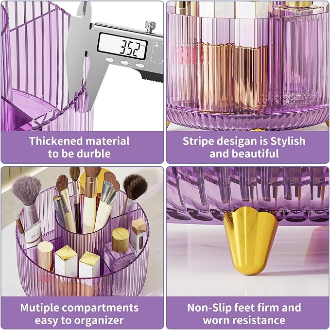 Clear Rotating Makeup Organizer Countertop for Vanity, 360° Makeup Brush Holder Organizer with 5 Compartments, Transparent Cosmetic Storage for Lipstick, Skincare, Bathroom Counter(Transparent Purple) - Image 5