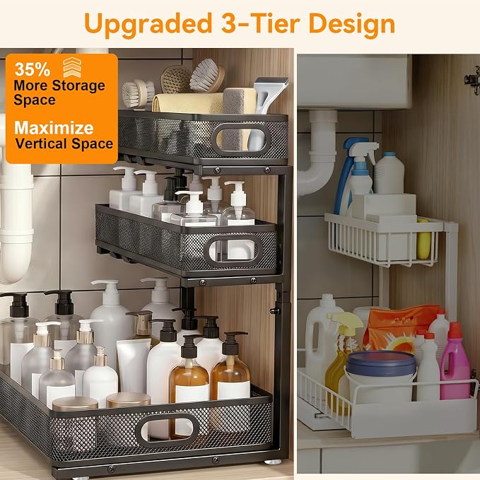 3 Tier Adjustable Under Sink Organizer for Bathroom & Kitchen(2Pack, Black) - Image 3