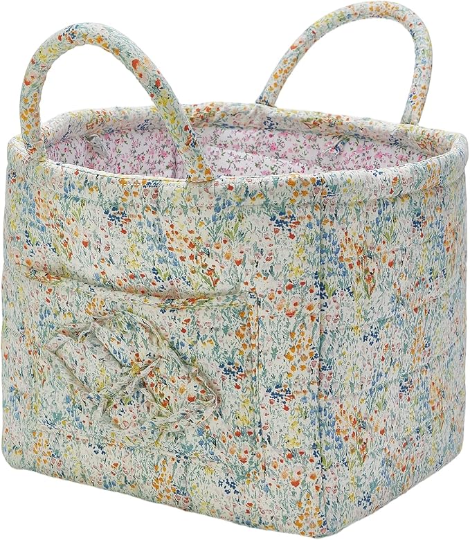 Quilted Fabric Storage Basket with Handles & Pocket, Foldable Laundry Hamper Boho Floral Print Organizer Bin for Home, Picnic, Office 12"x10"x10" (A-3) by Unknown