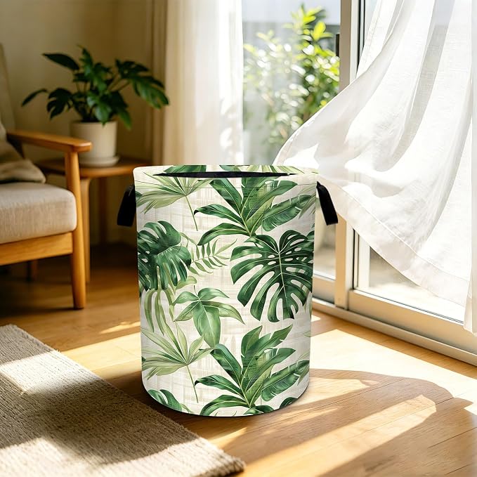 Tropical Palm Leaves Hawaiian Leaf Laundry Basket Foldable Laundry Hamper With Handles Clothes Storage Bucket Organizer Laundry Bag For Bedroom Bathroom Laundry Storage 19.6 x 15.7 - Image 5